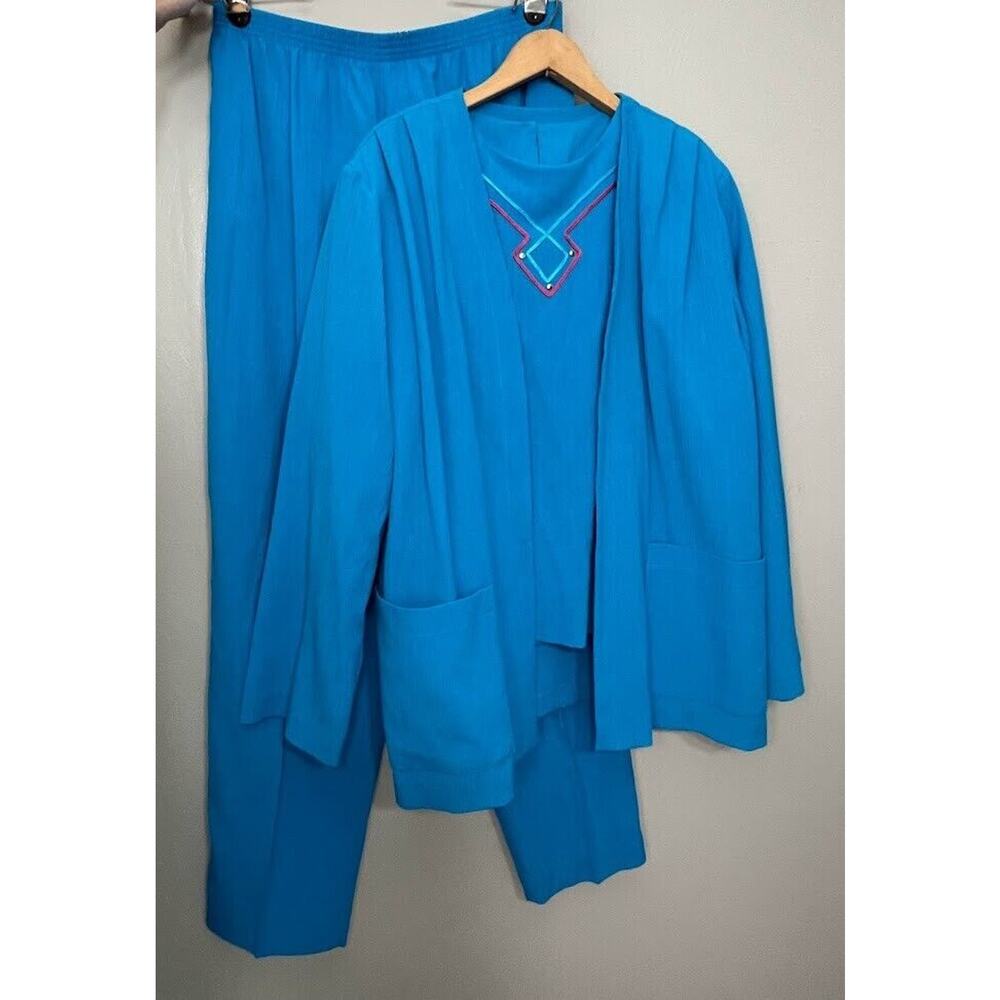 Outfit Set Size 16 18 Blue Crinkle 3 Piece Jacket Pants Shirt Coastal Grandma